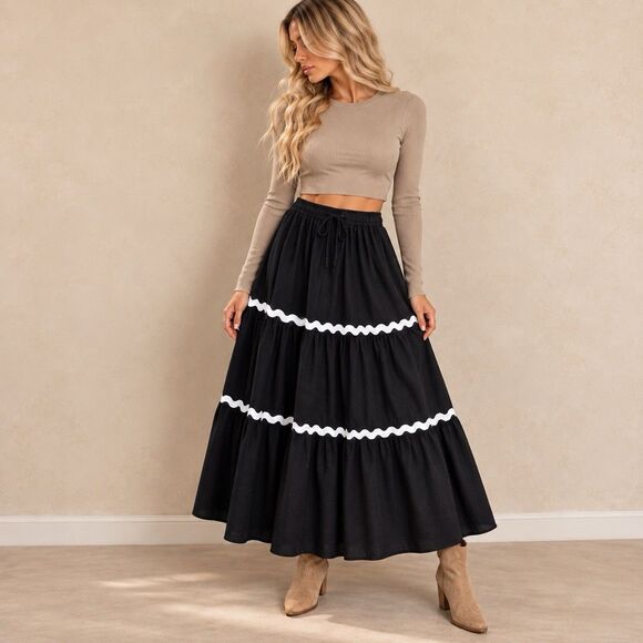 Cider Dresses & Skirts - CIDER NWT Black Tiered Maxi Skirt M White Ric Rac Trim Drawstring Boho